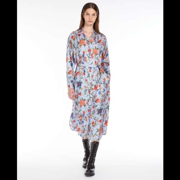 MaxMara Dresses & Skirts - Max Mara Light Blue Floral Silk Midi Shirt Dress – Long Sleeve, Romantic Print,